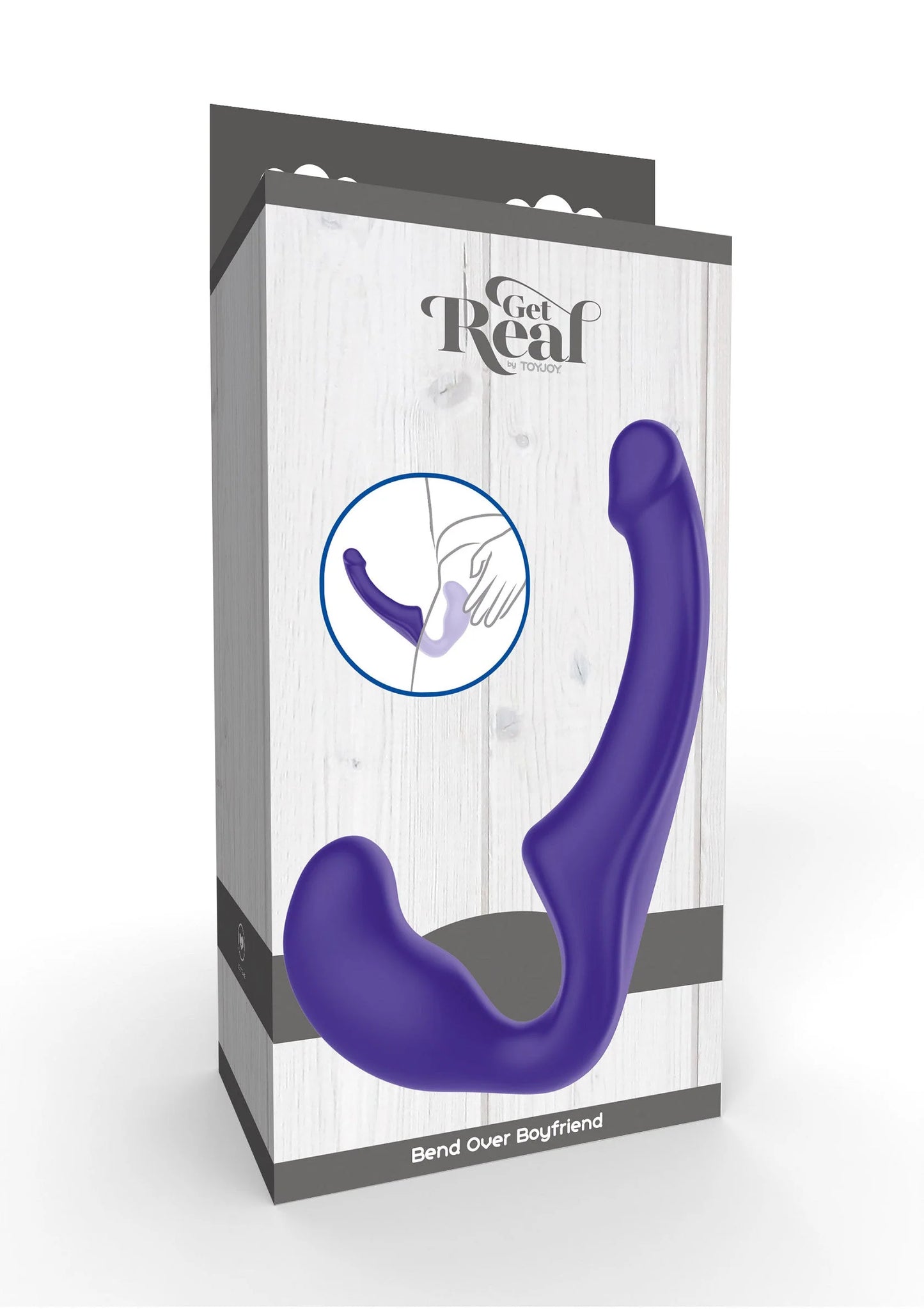Verpakking met paarse siliconen strap-on in gebogen U-vorm