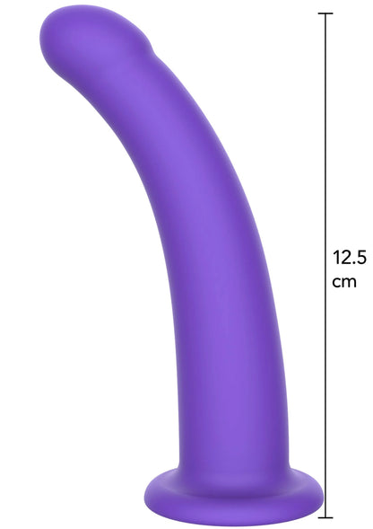Paarse dildo met vlakke voet en gebogen vorm, zijdelingse weergave