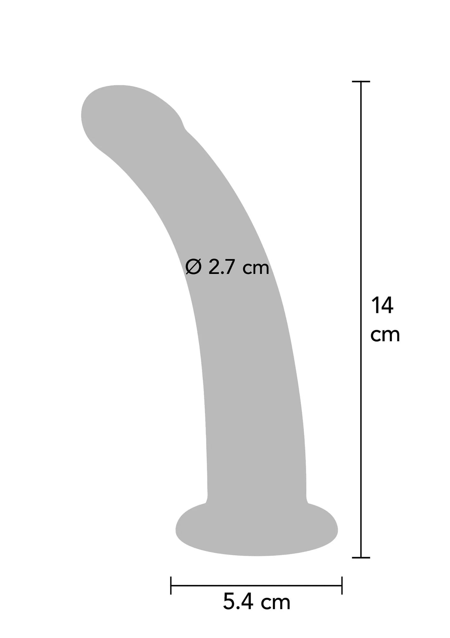 Paarse strap-on dildo maatschema: Ø 2,7 cm, 5,4 cm breed, 14 cm hoog