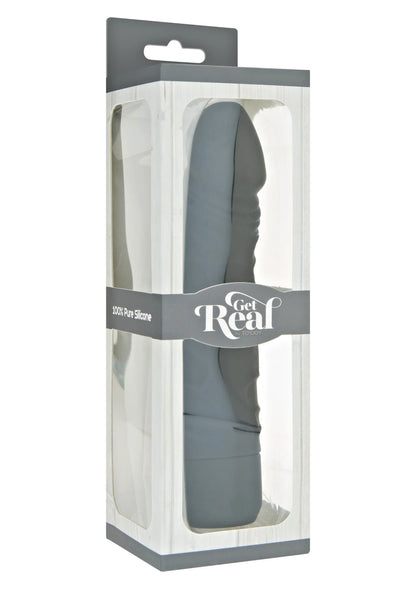 Vibratorverpakking met doorzichtig venster, grijze schacht en Get Real logo