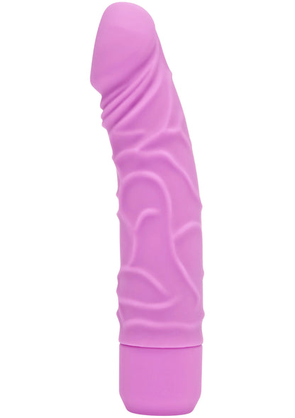 Vibrator met reliëfpatroon, felroze/paarse vorm en brede onderkant