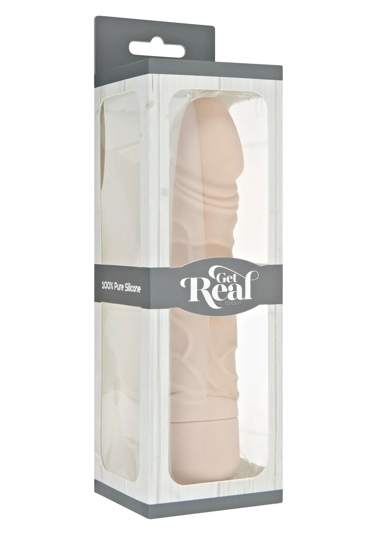 Vibratorverpakking met doorzichtig venster, beige schacht en Get Real logo