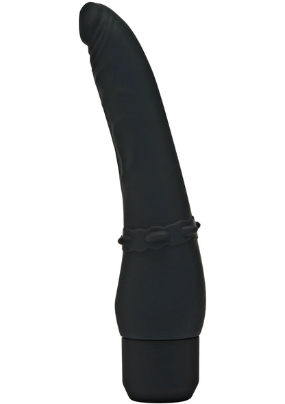 Zwarte vibrator met reliëf en bandje rond de basis, afgeronde top
