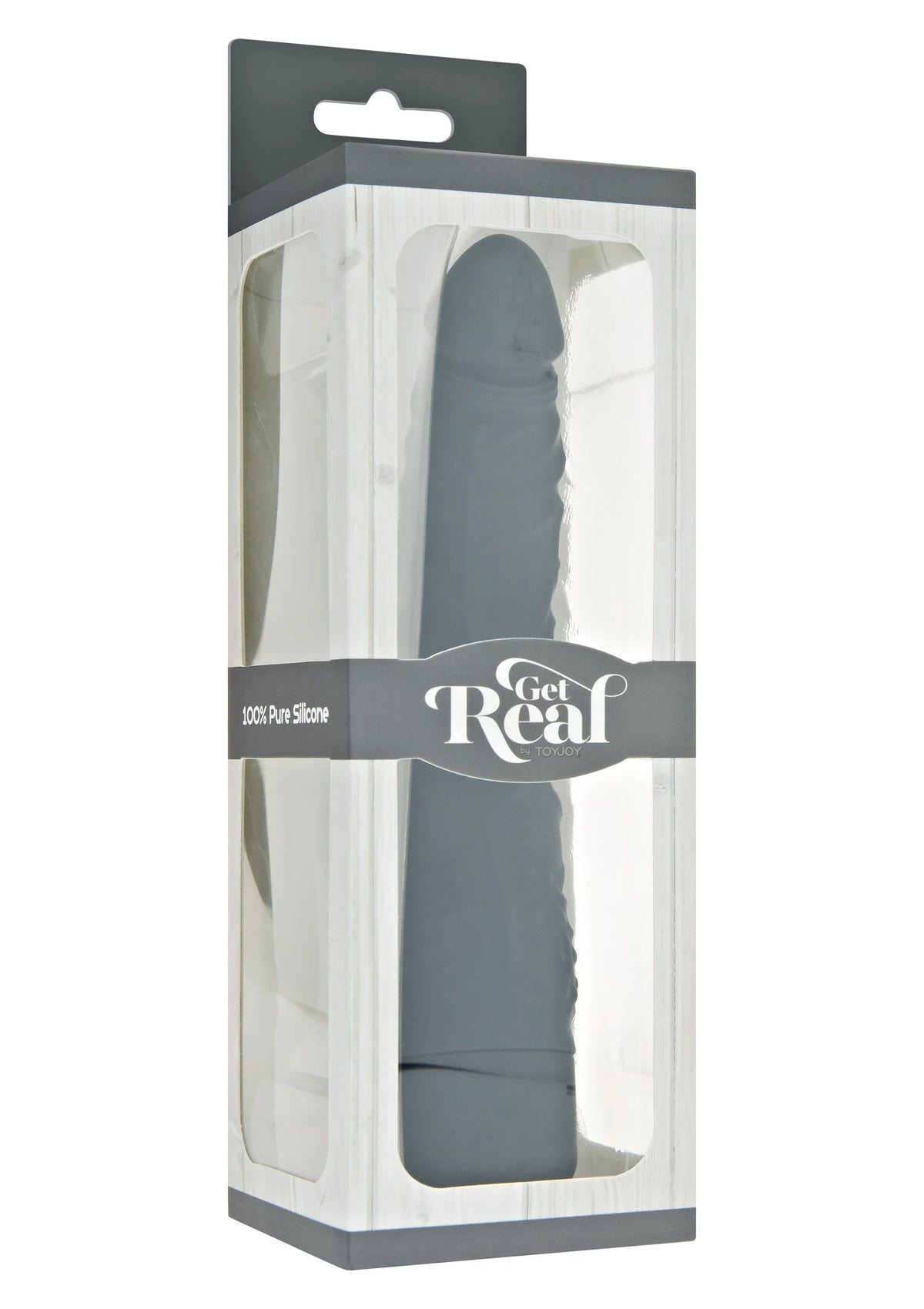 Verpakking van Get Real slanke vibrator met blauwe inzet in doorzichtige hoes