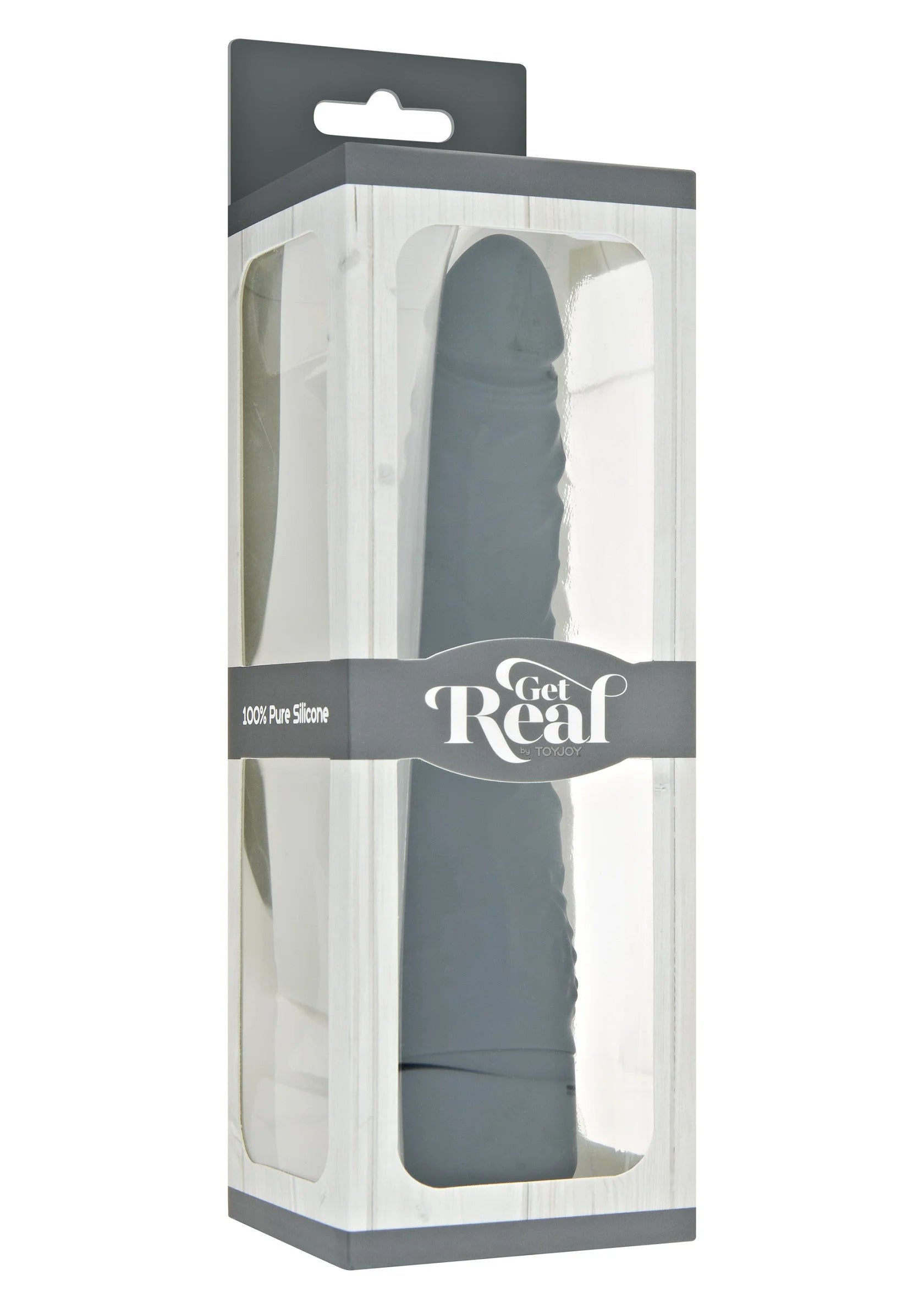Vibrator in donkere kleur in verpakking, Get Real-stijl, met transparant venster