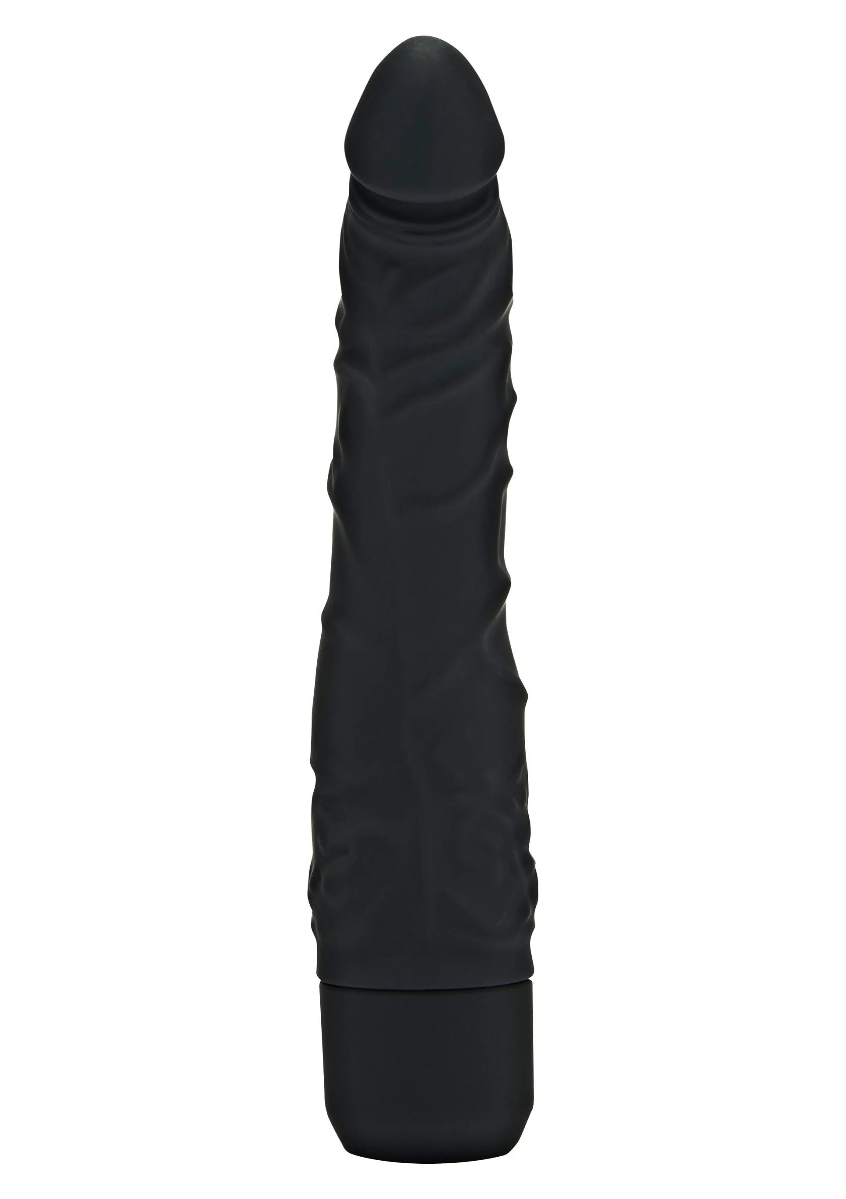 Zwarte slanke vibrator met getextureerd oppervlak en afgeronde top, brede onderkant.
