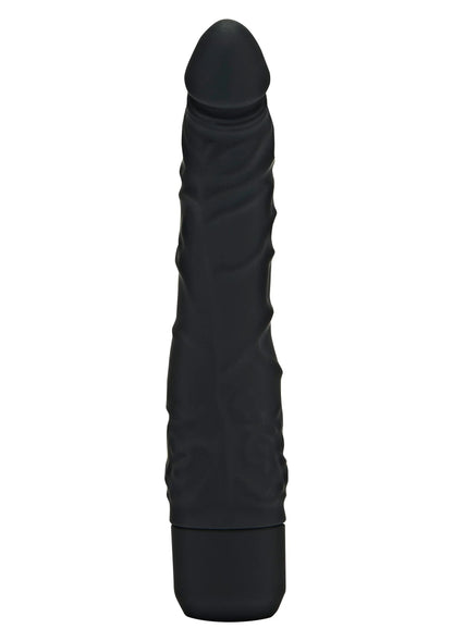 Zwarte slanke vibrator met getextureerd oppervlak en afgeronde top, brede onderkant.