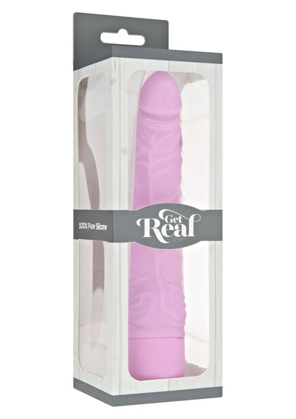 Verpakkingsdoos met 'Get Real'-label en transparante houder met roze vibrator.
