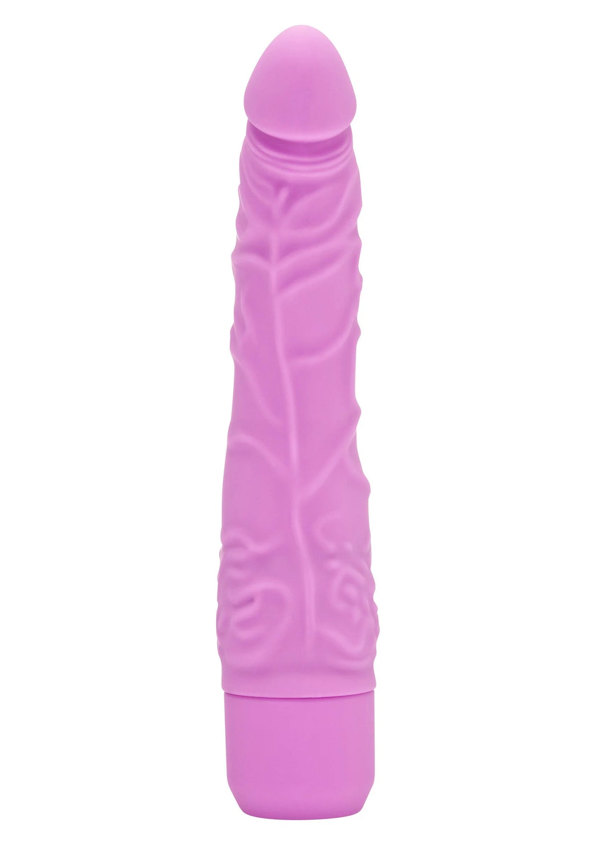 Roze vibrator met reliëf en afgeronde top, ergonomische handgreep en brede basis