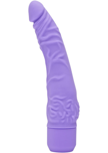 Paarse siliconen vibrator, taps met reliëfstructuur en afgeronde top