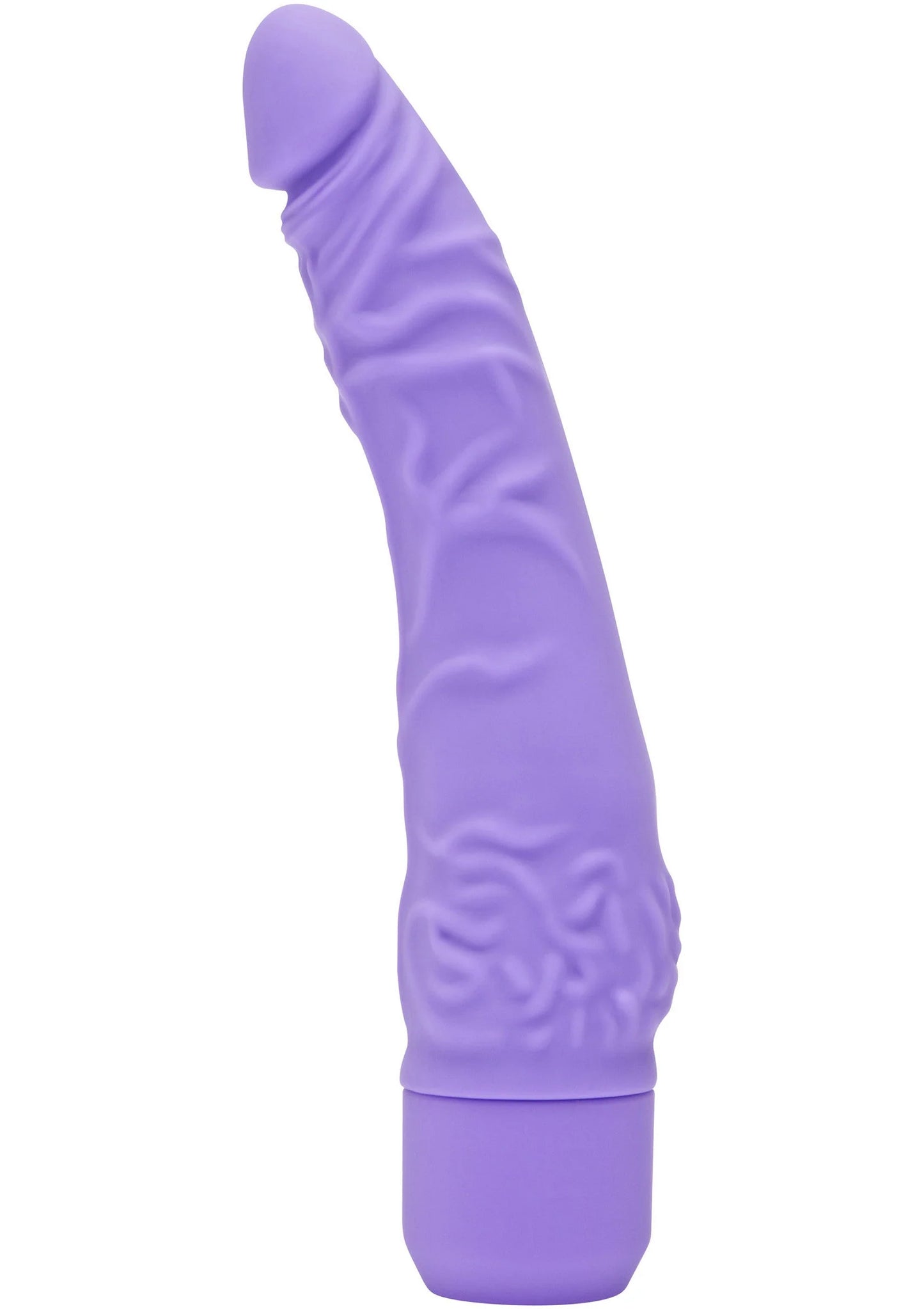 Paarse slanke vibrator, conische top en gedetailleerde reliëfs op de schacht