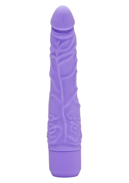 Paarse slanke vibrator met reliëf op de schacht en afgeronde top