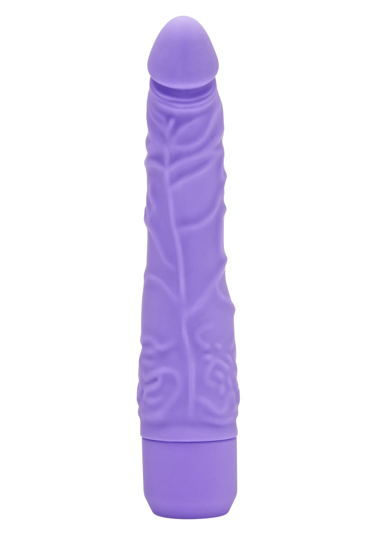 Paarse slanke vibrator met reliëf en brede voet