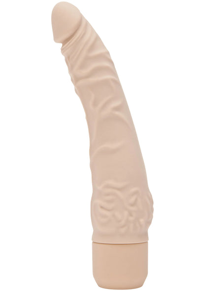 Beige vibrator met reliëf en afgeronde top, brede onderkant
