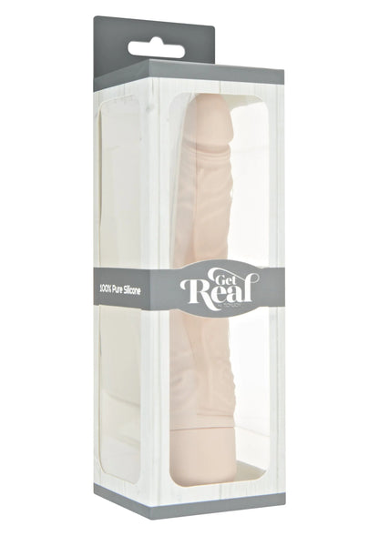 Verpakking met slanke vibrator van nude kleur, zichtbaar product in kunststof venster