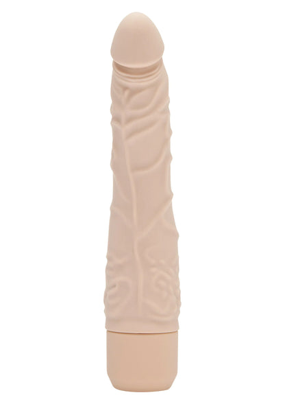 Beige slanke vibrator met afgeronde punt, reliëf op de schacht en dikke onderkant