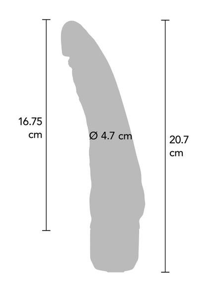 Maatdiagram van slanke vibrator: 16,75 cm hoog en Ø 4,7 cm; totale hoogte 20,7 cm