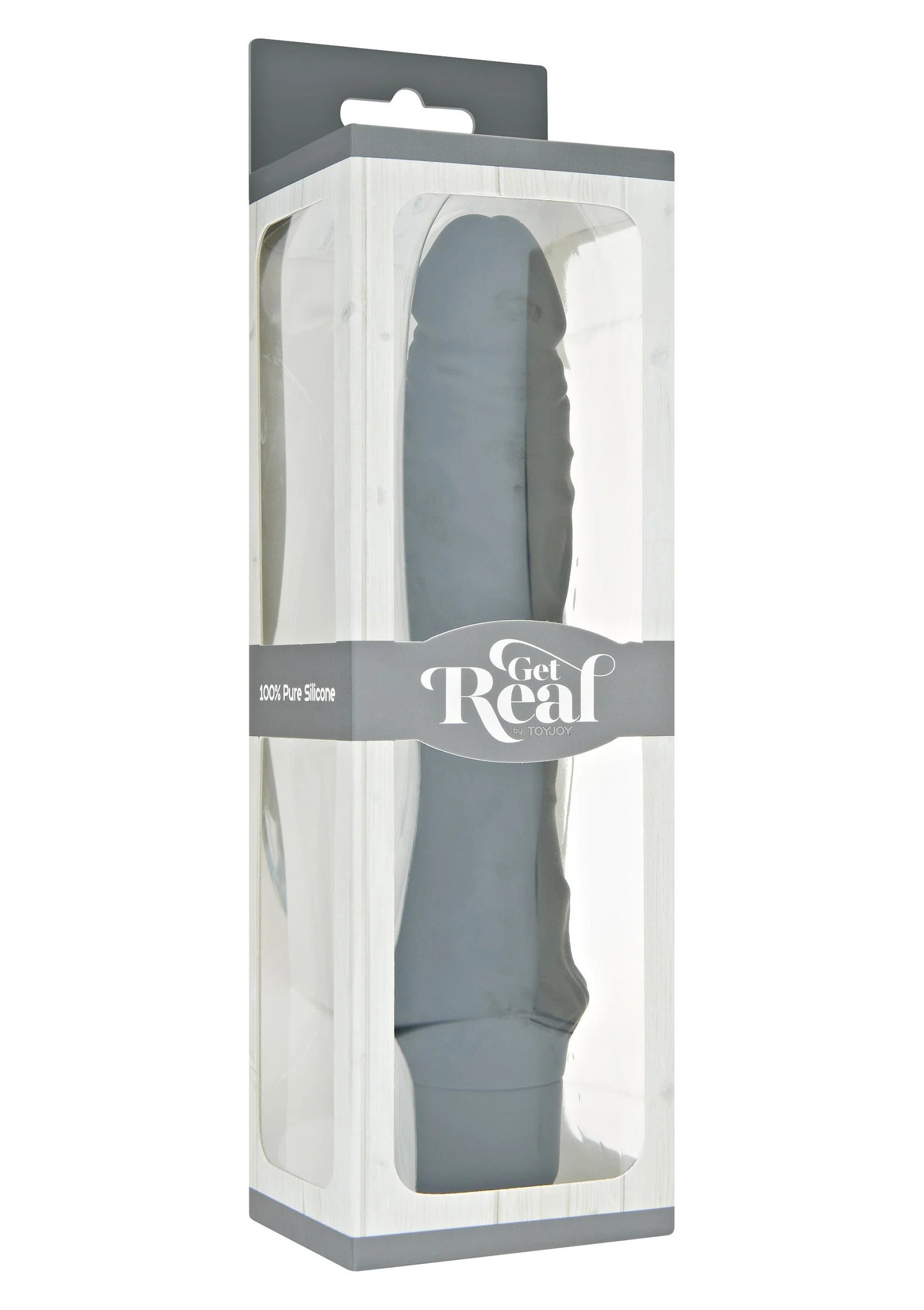 Verpakte vibrator met “Get Real” en doorzichtige houder, donkergrijs