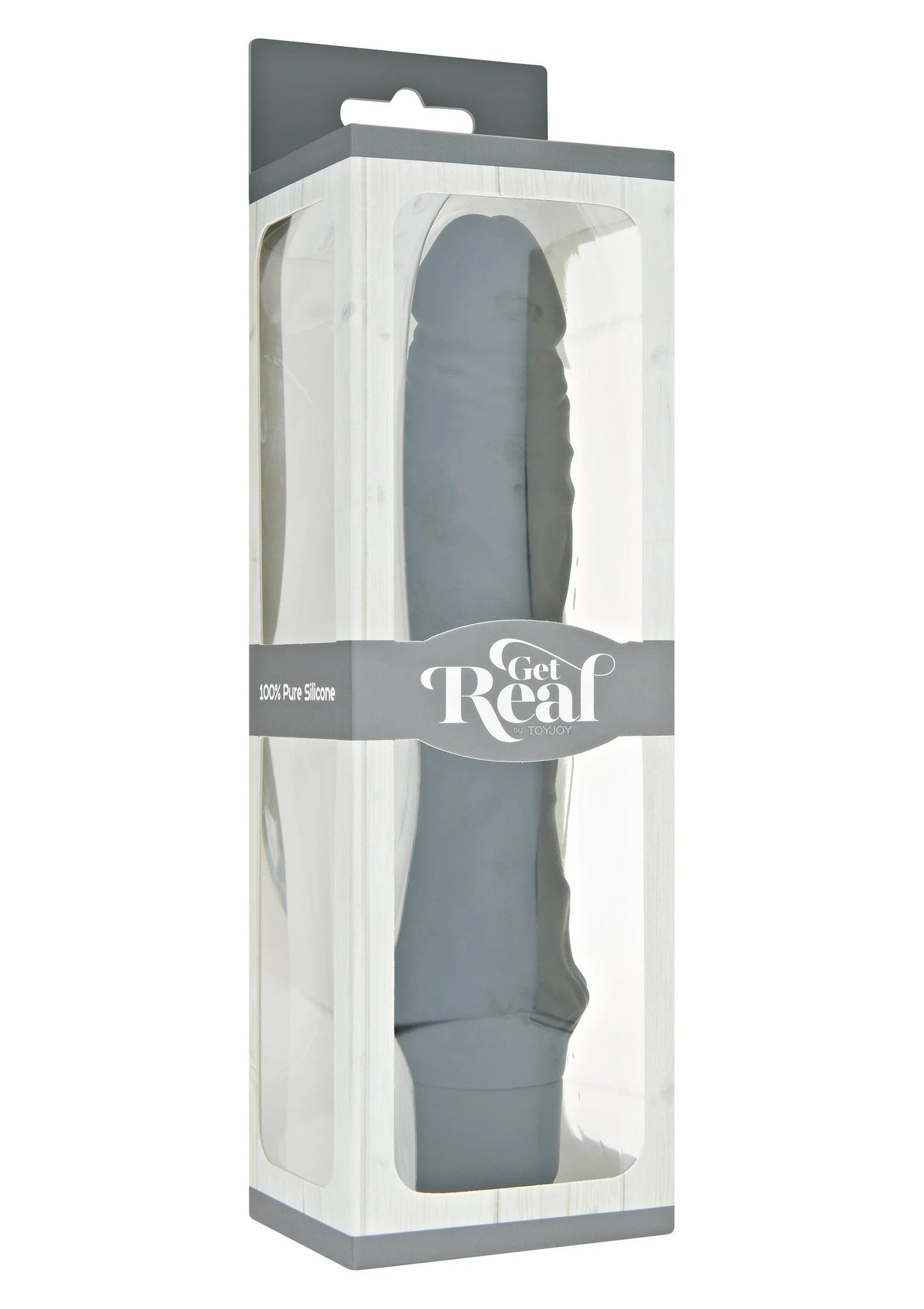 Grote vibrator in verpakking, donkergrijze tint, met brede voet