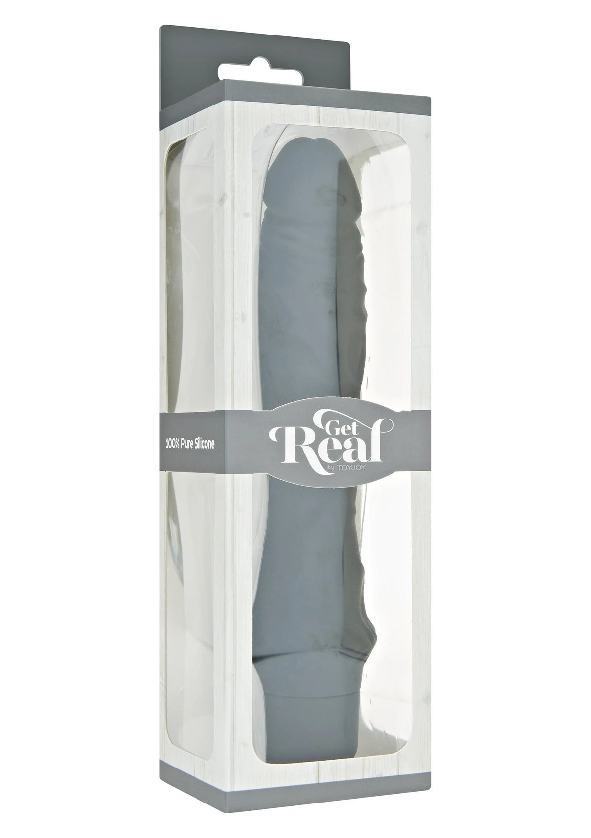 Grote vibrator in verpakking, donkergrijze tint, met brede voet
