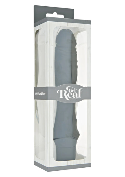 Grote vibrator in verpakking, donkergrijze tint, met brede voet