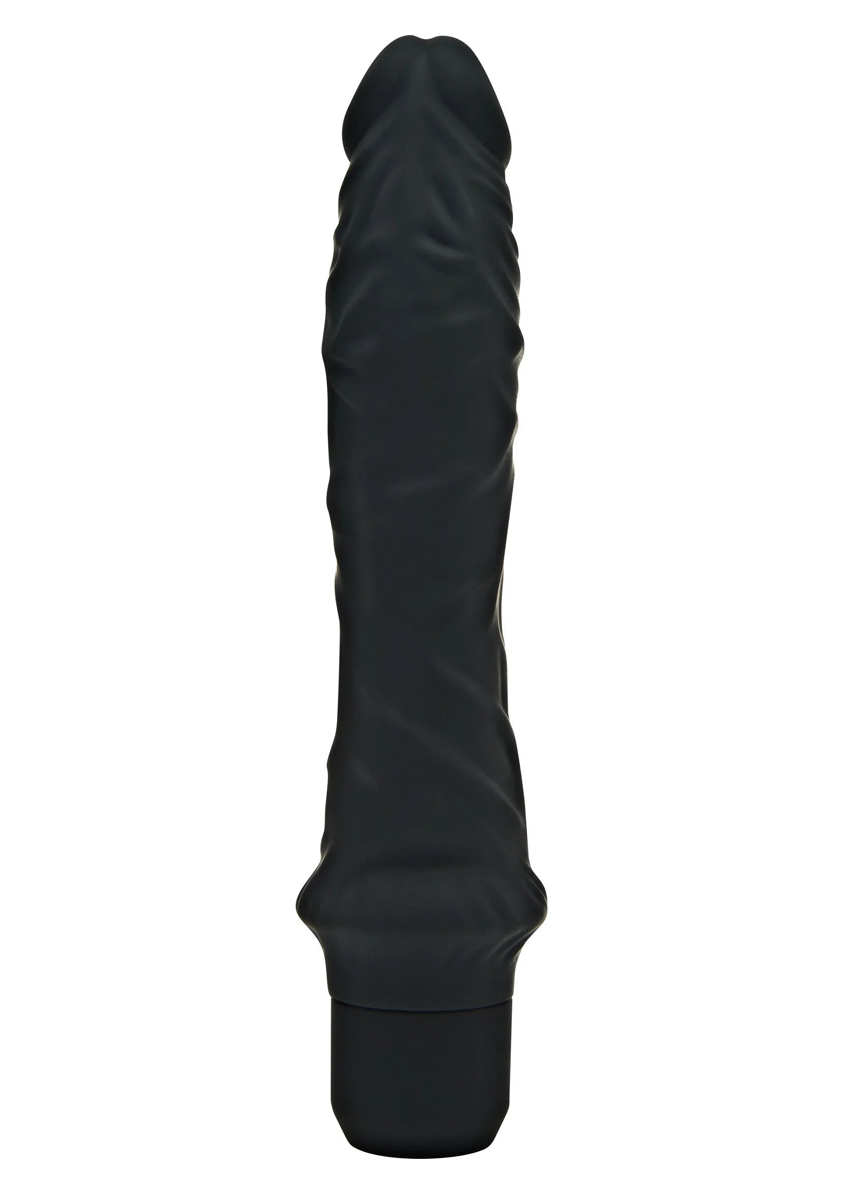 Grote vibrator in zwart met reliëf, afgeronde top en brede basis