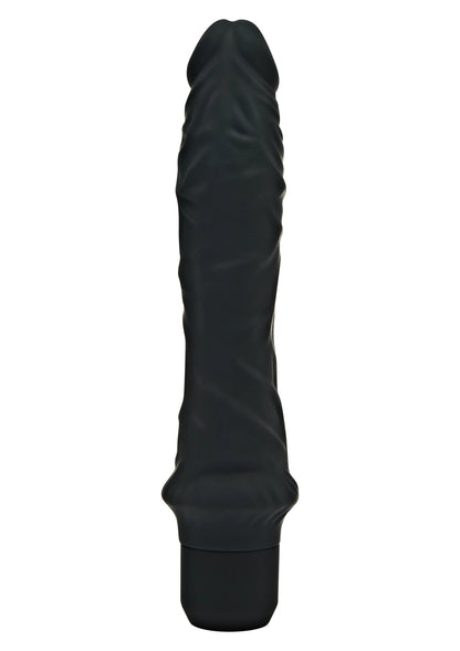 Grote vibrator in zwart met reliëf, afgeronde top en brede basis