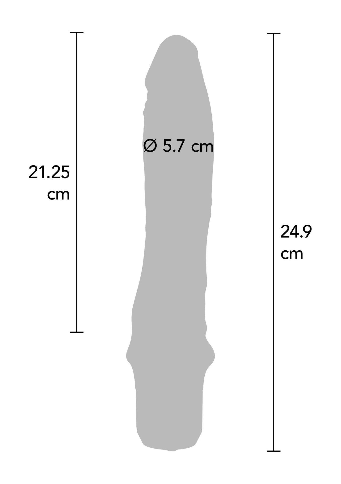 Silhouet en afmetingen: vibrator Ø 5,7 cm, 21,25–24,9 cm hoog