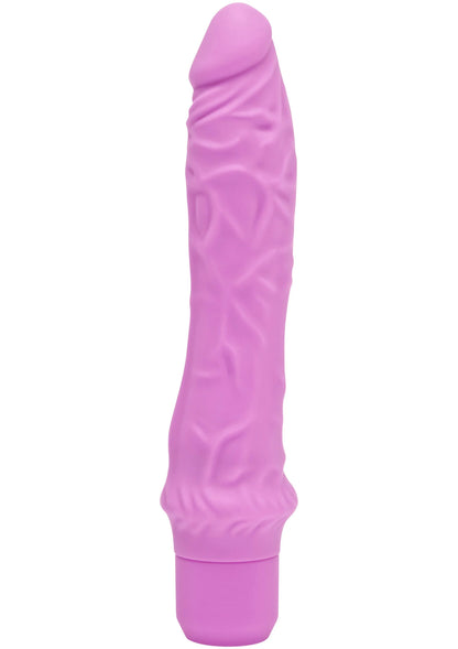 Roze flexibele vibratorskin met reliëfstructuur en brede basis.