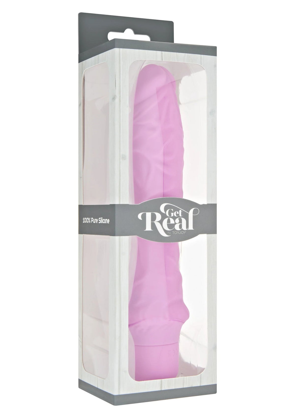 Verpakte vibrator met “Get Real” en doorzichtige houder, paars
