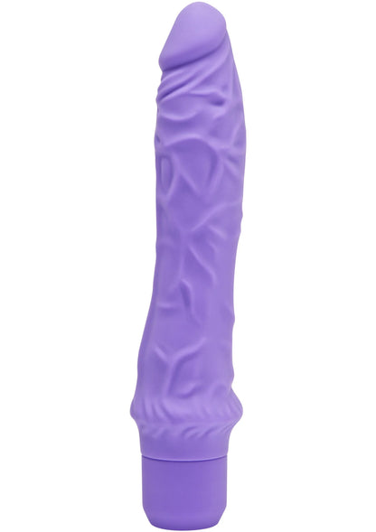 Grote vibrator van ToyJoy in paars, reliëfstructuur, afgeronde top en brede basis