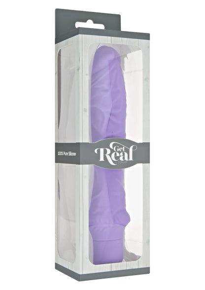 Paarse vibratorskin in verpakking met ToyJoy, flexibele hoes.