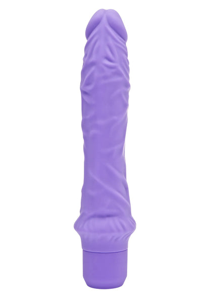 Paarse vibrator met taps toelopende vorm en brede handgreep onderaan