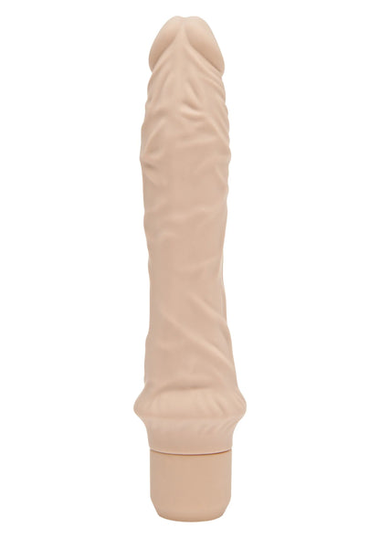 Beige siliconen hoes voor grote vibrator met reliëftextuur en brede basis.
