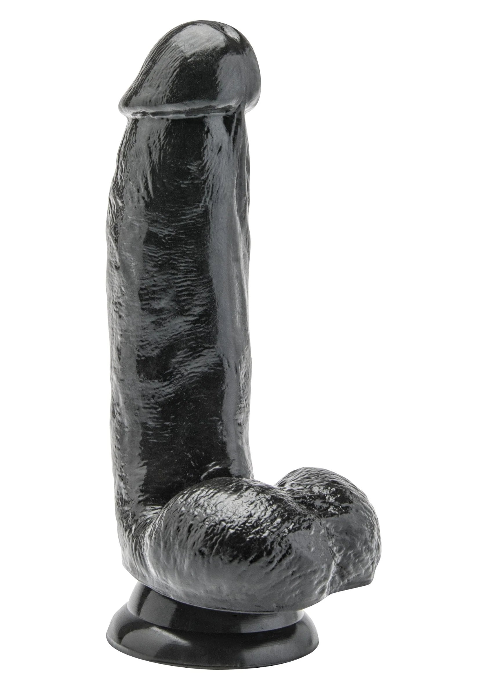 Zwarte PVC-dildo met glanzende textuur en afgeronde ronde voet