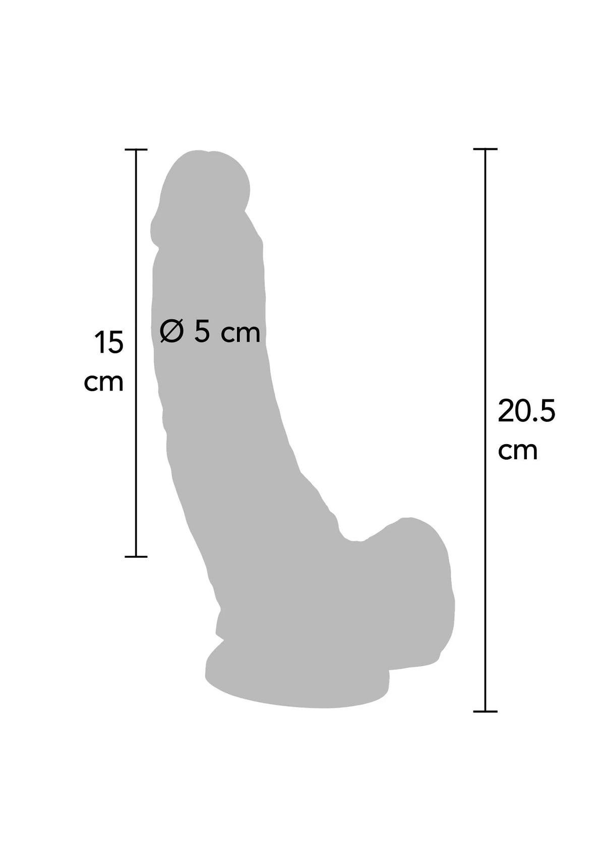 Dildo-afmeting: 20,5 cm lang, Ø 5 cm, 15 cm hoog