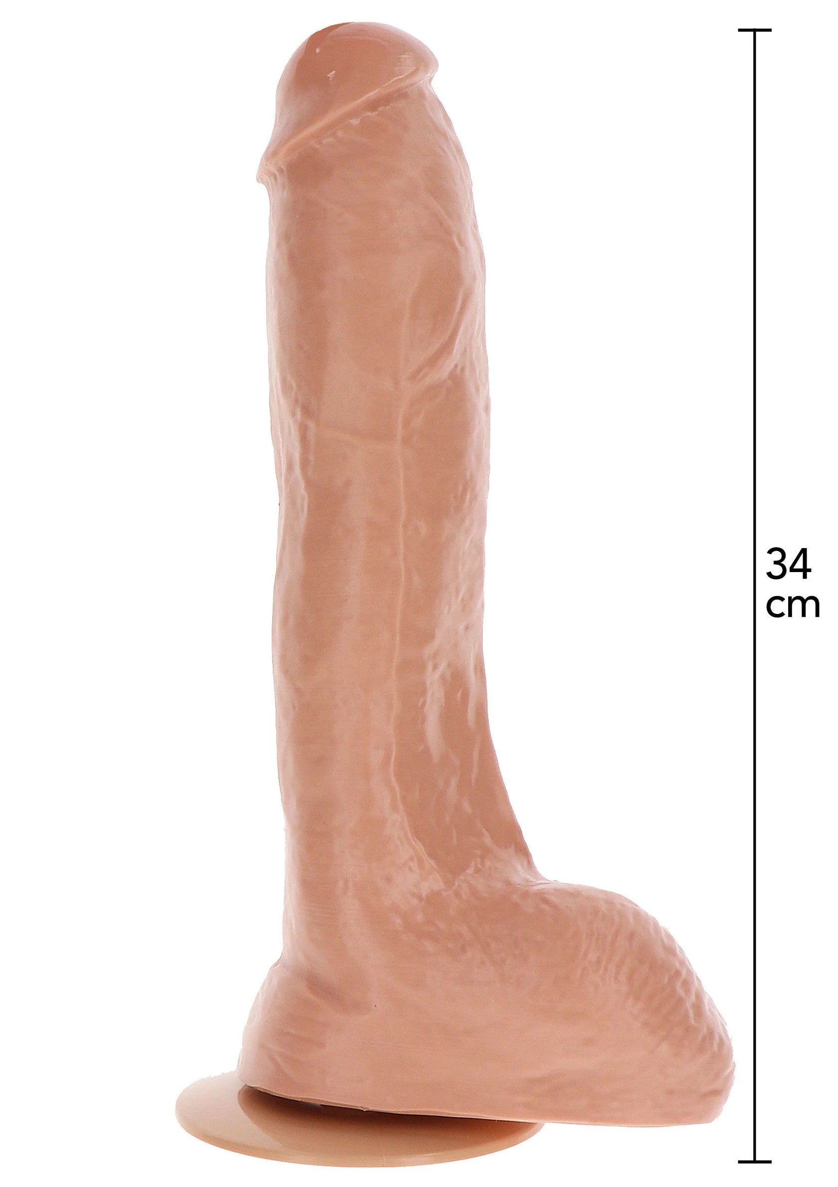Roze PVC dildo met gebogen vorm en ronde basis, 34 cm