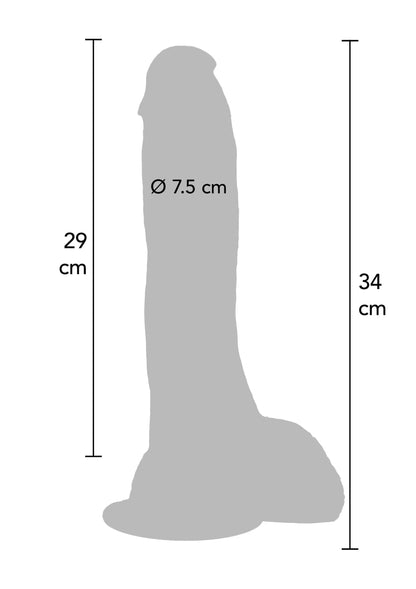 Dildo-silhouet met afmetingen: Ø 7,5 cm, 29 cm, 34 cm lengte