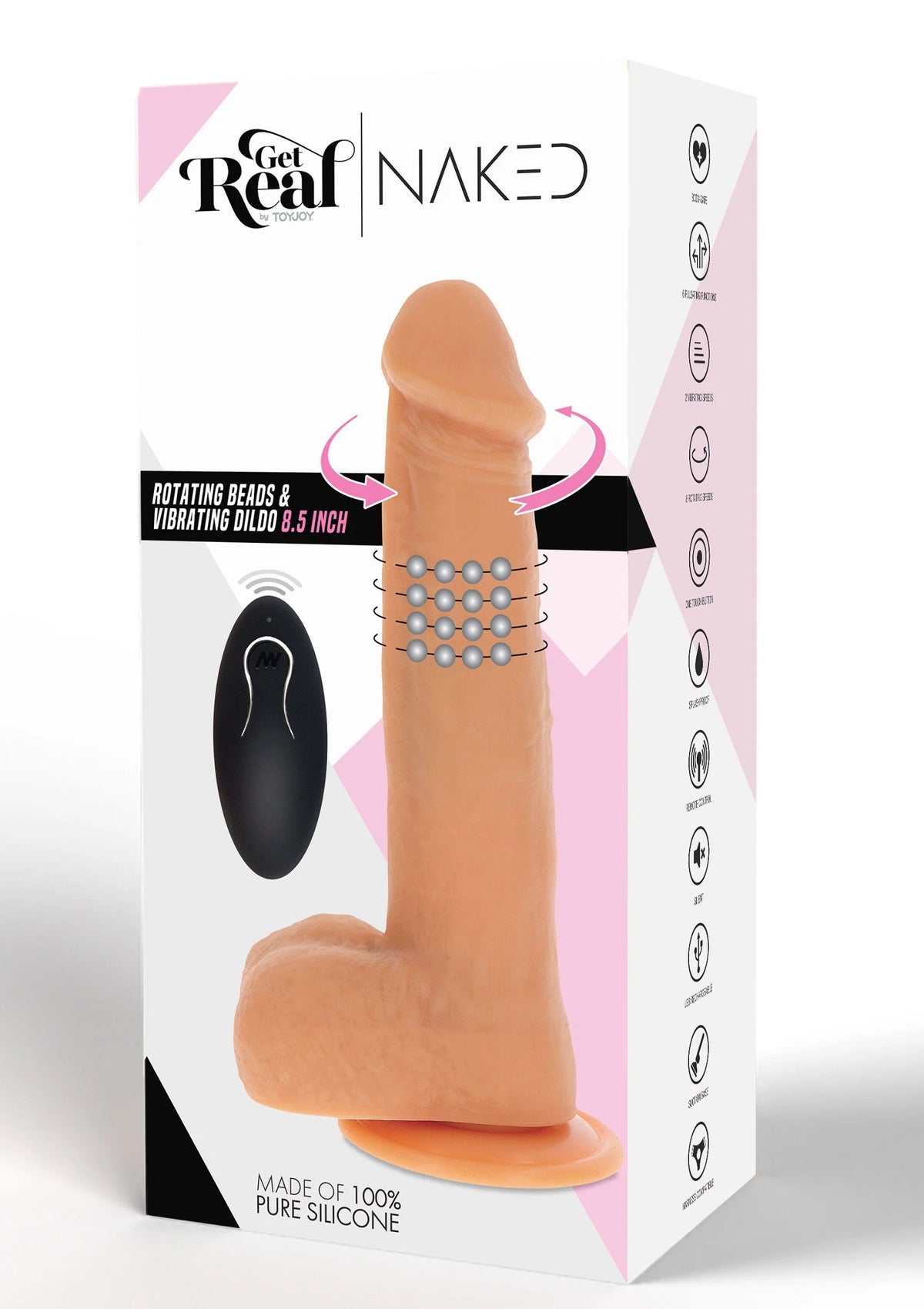 Siliconen dildo in verpakking met blauwe kraalring en zwarte afstandsbediening