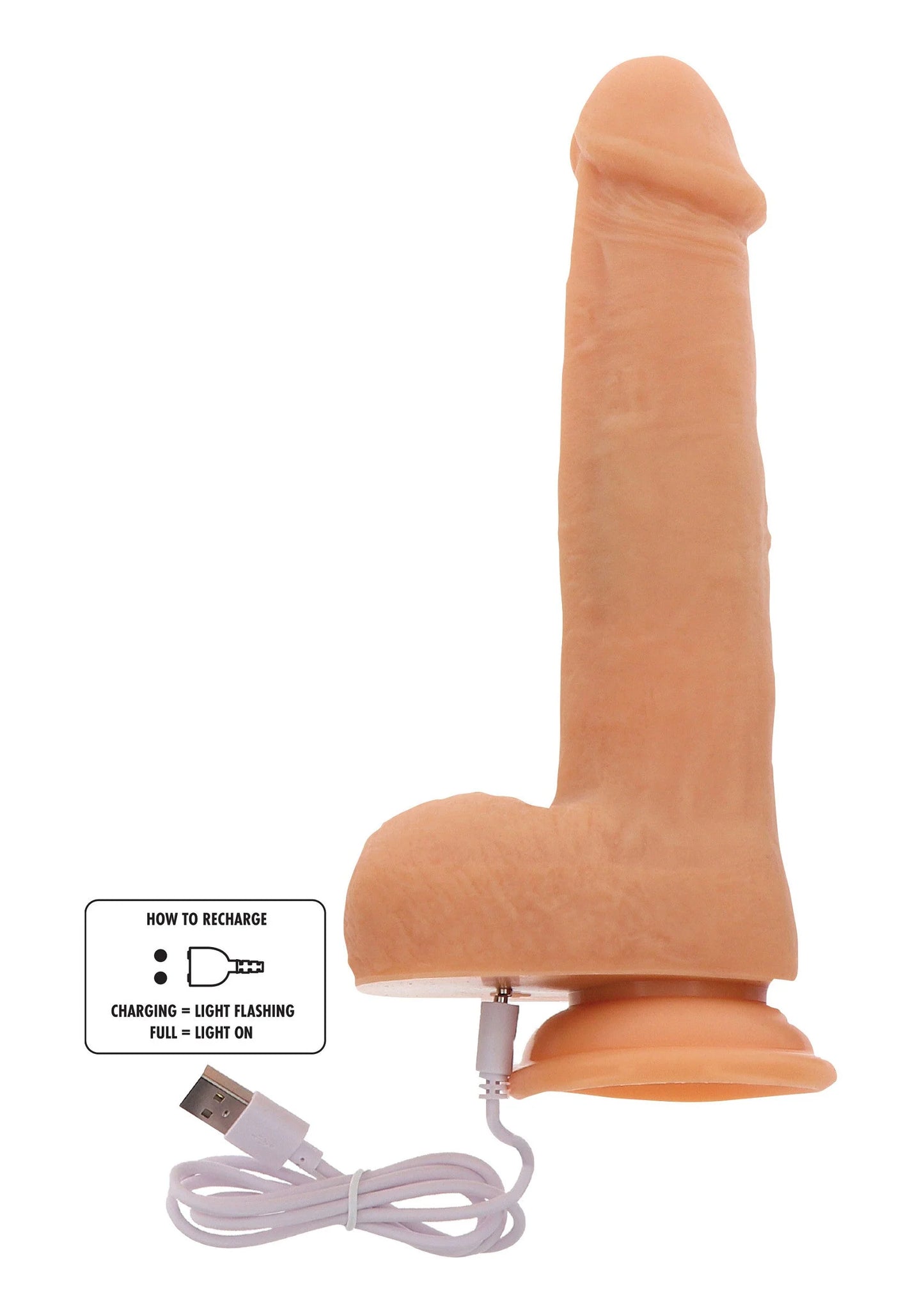 Naaktkleurige siliconen dildo met platte voet en oplaadkabel