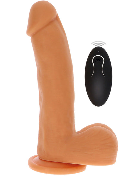 Oranje siliconen dildo met brede voet en afgeronde top, met zwarte afstandsbediening ernaast.
