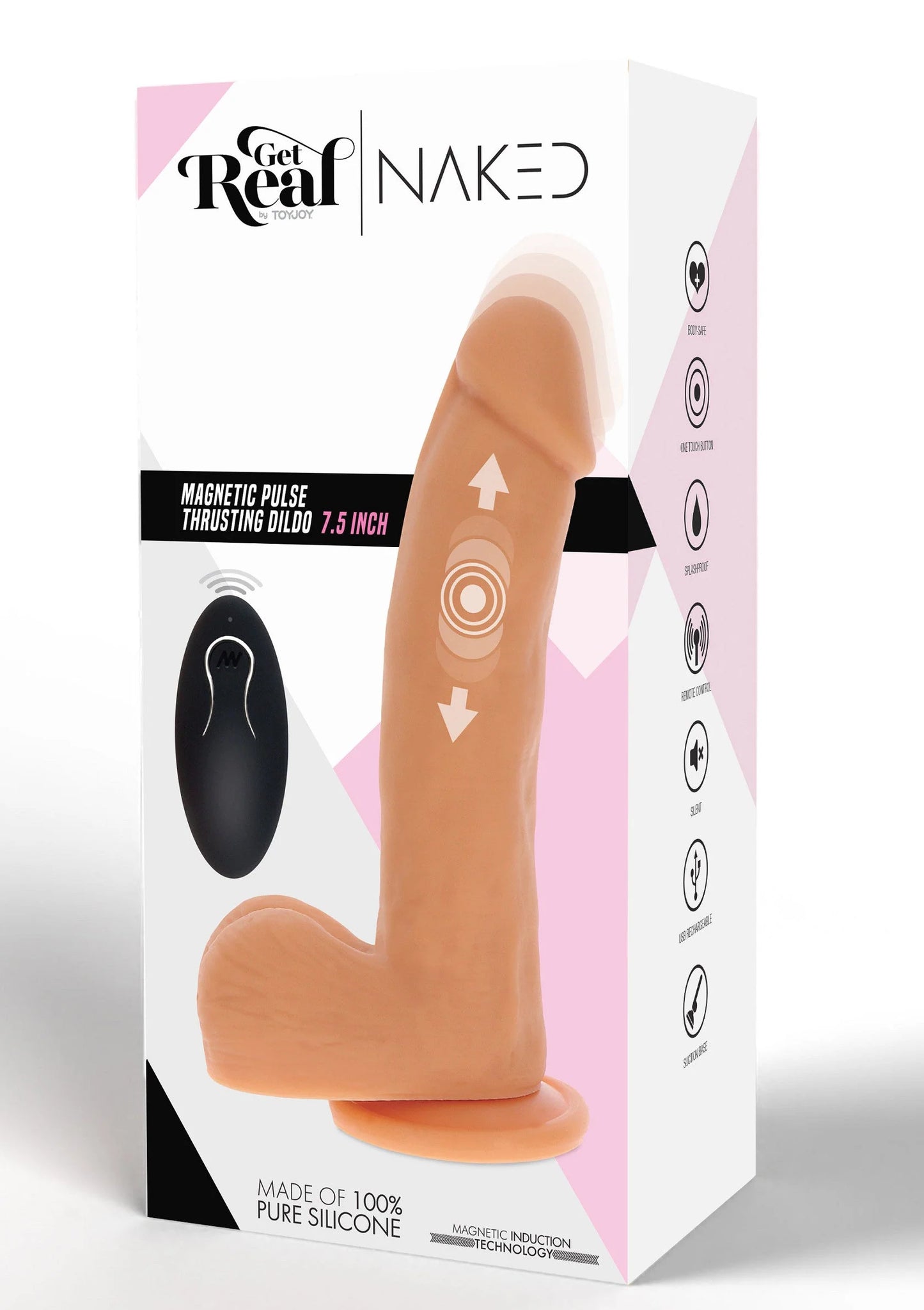 Oranje siliconen dildo op verpakking met titel Get Real en afbeeldingen van het product.