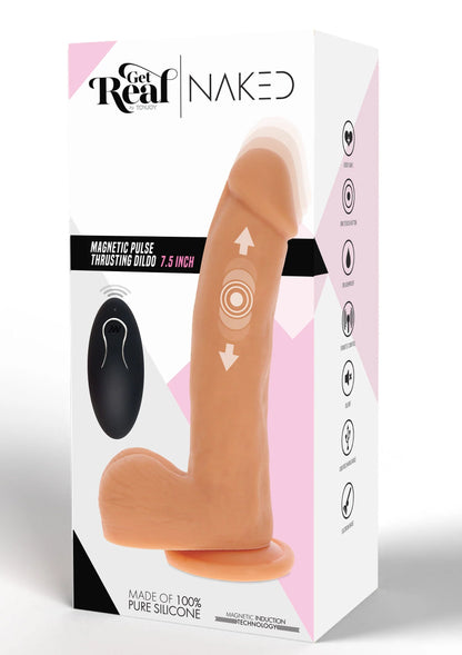 Oranje siliconen dildo op verpakking met titel Get Real en afbeeldingen van het product.