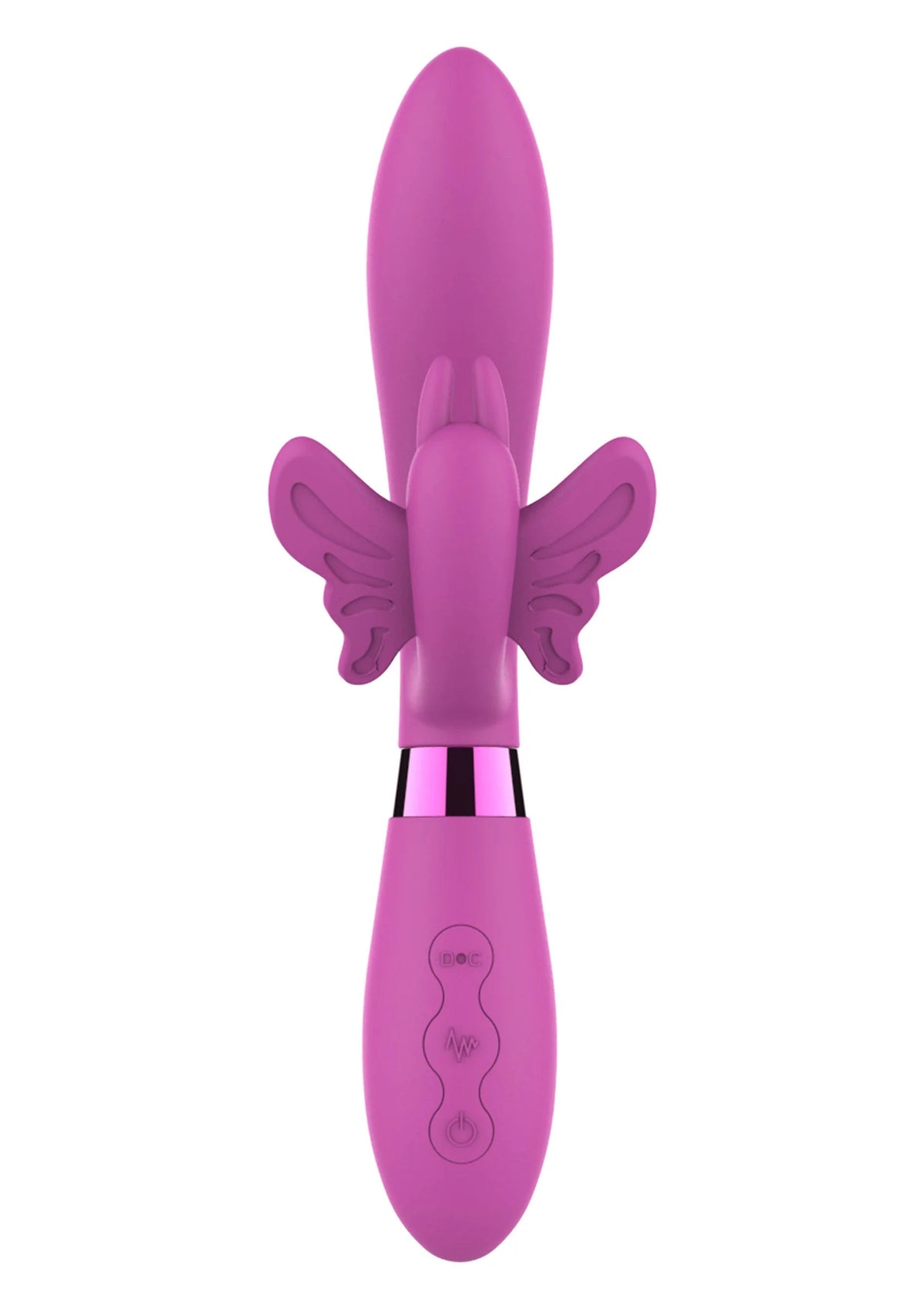 Roze vibrator met opstaande kop en konijnen- en vlinderdecor, frontaanzicht