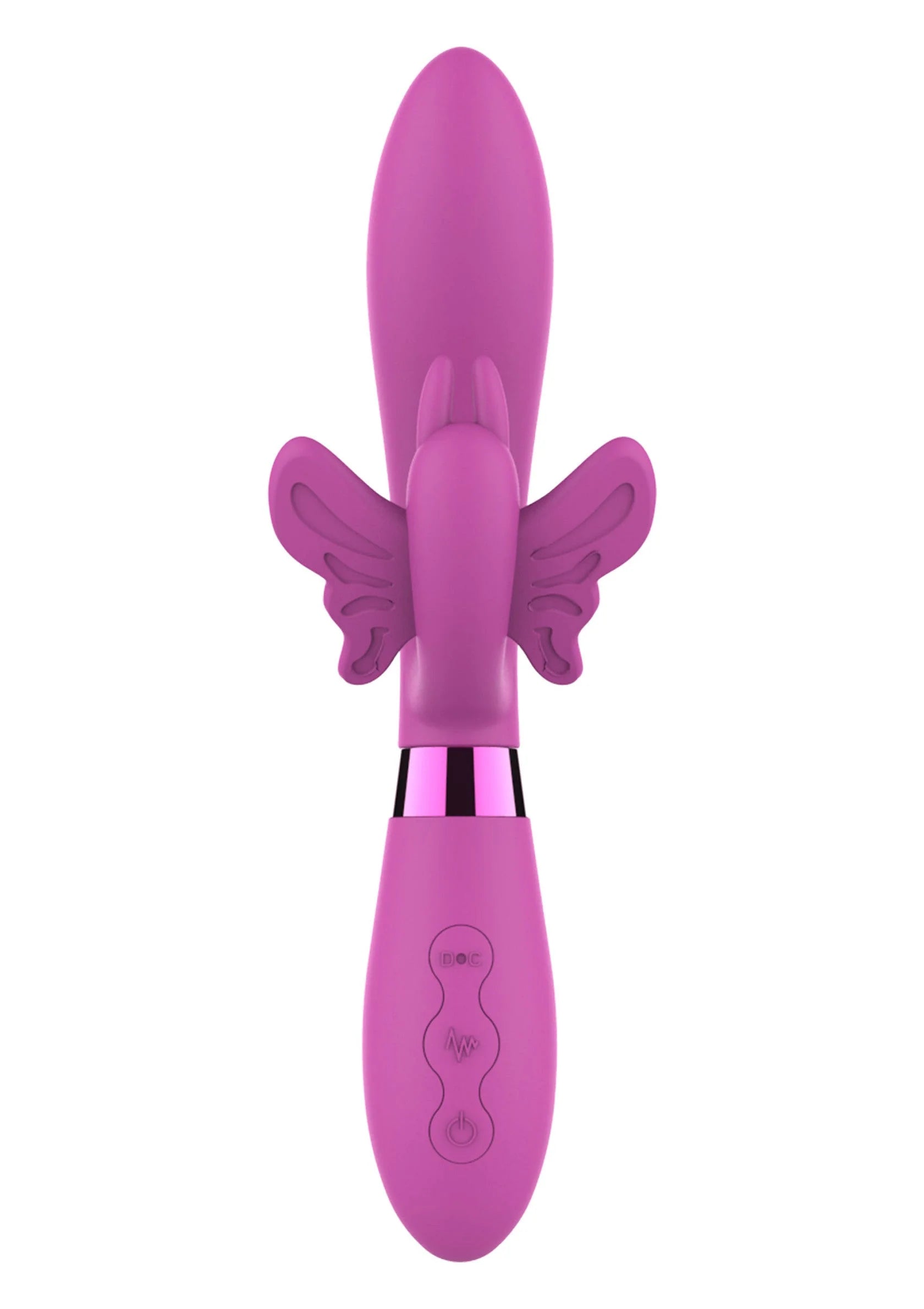 Roze vibrator met opstaande kop en konijnen- en vlinderdecor, frontaanzicht