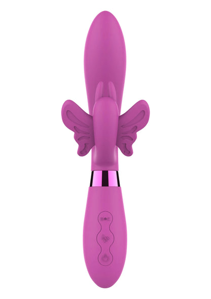Roze vibrator met opstaande kop en konijnen- en vlinderdecor, frontaanzicht