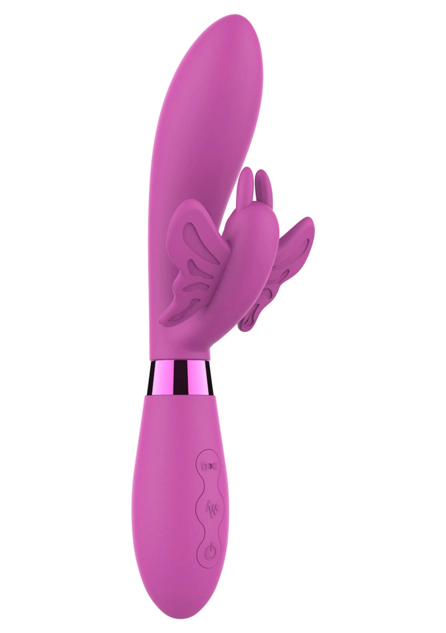 Roze vibrator met vlinderdecor aan de zijkant en gestroomlijnde handgreep