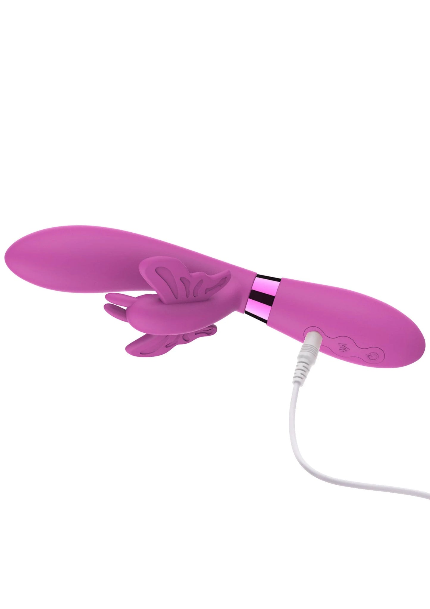 Roze vibrator met konijnenhanden en vlinderdecor, zijaanzicht met snoer