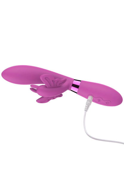 Roze vibrator met konijnenhanden en vlinderdecor, zijaanzicht met snoer