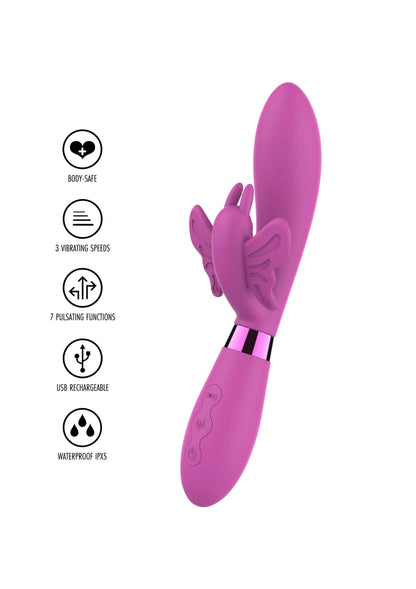 Roze vibrator met konijnenstaart en vlinderdecor, USB-oplaadbaar, waterdicht